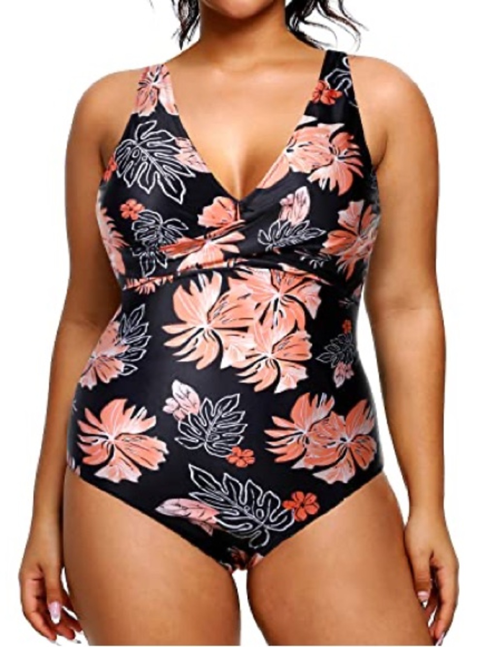Plus-Size V-Neck Floral One-Piece Swimsuit - Black with Peach Floral
